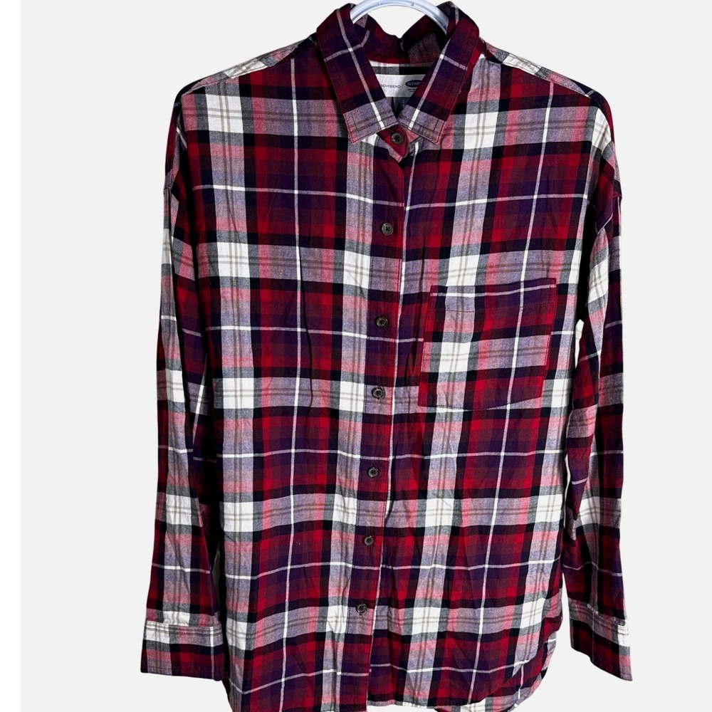 Old Navy Boyfriend Flannel Shirt Red Purple Plaid Button Down Cotton Womens S